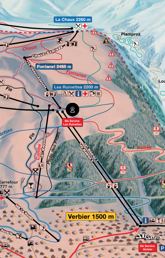 Map showing the location of Ski Service Les Ruinettes in relation to Verbier and the surrounding ski area