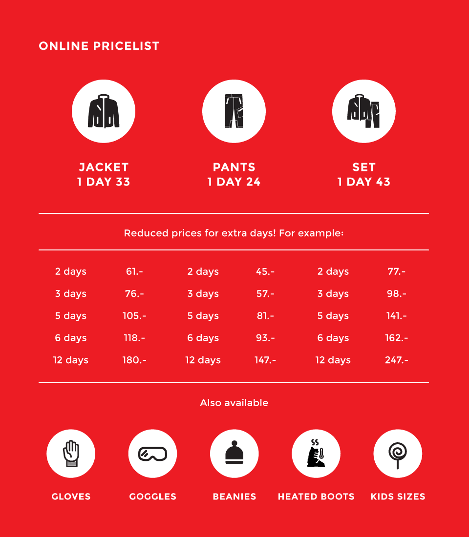 Rent ski clothing in Verbier - price list 