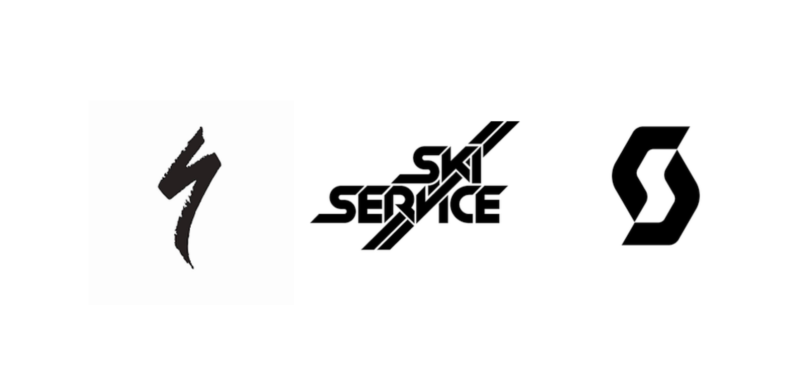 Horizontal arrangement of the Specialized, Ski Service, and Scott logos on a white background, representing top-tier bike brands available for rental at Ski Service Verbier. The logos are evenly spaced and aligned for a clean, modern presentation.