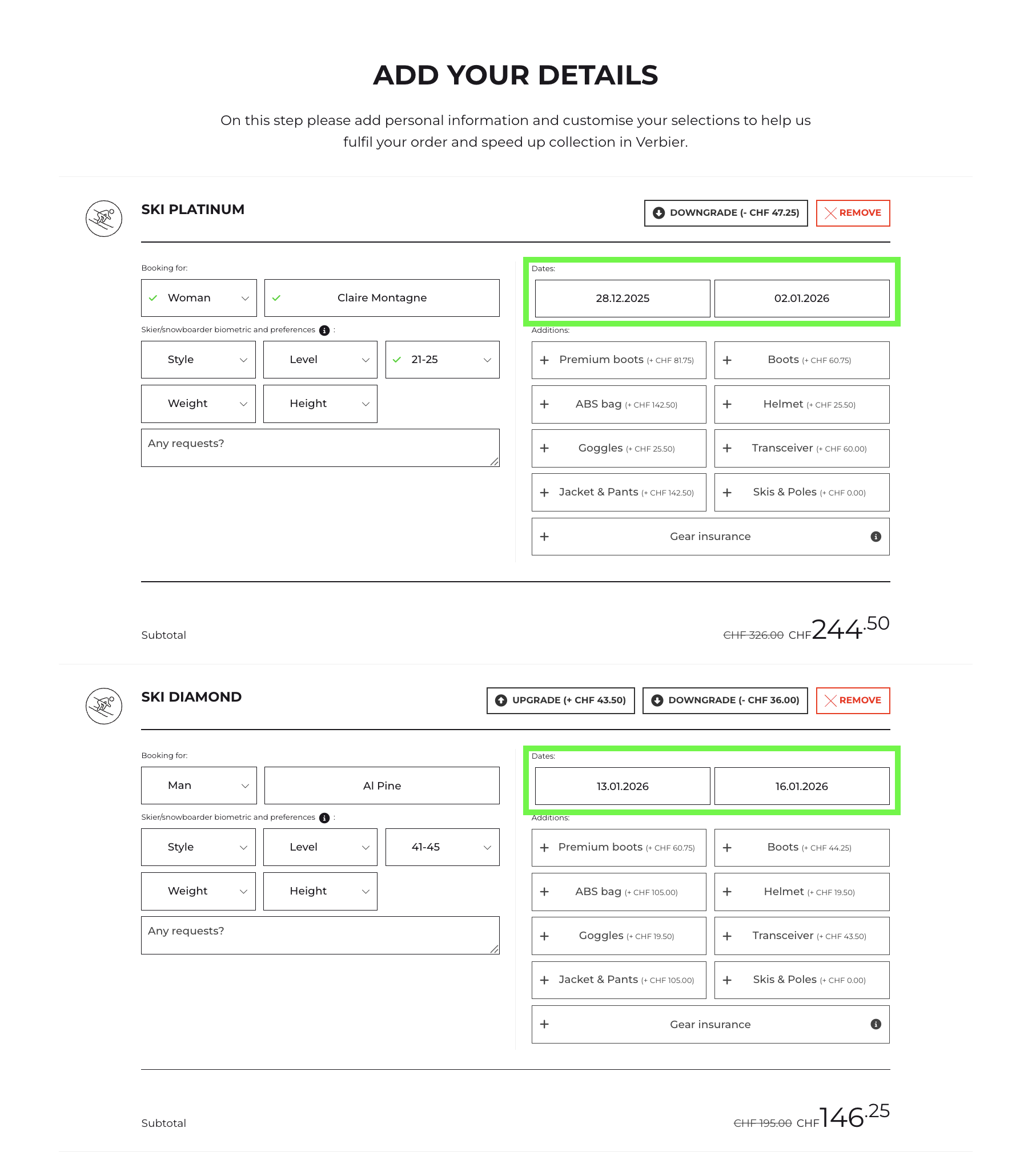 Booking different ski rental items for different dates on the Ski Service Verbier website